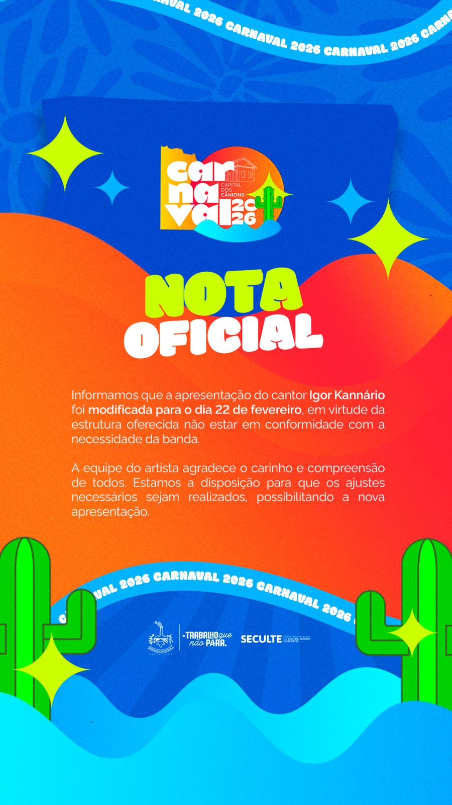 Show do Cantor Igor Kanario é remarcado