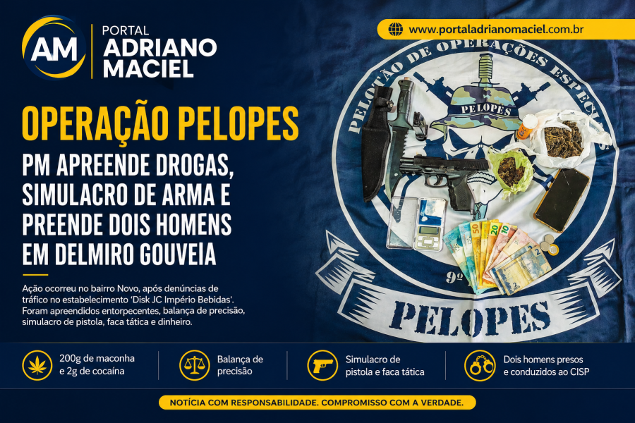 Polícia apreende drogas, balança de precisão e simulacro de arma durante ação do Pelopes mo Bairro Novo em Delmiro Gouveia
