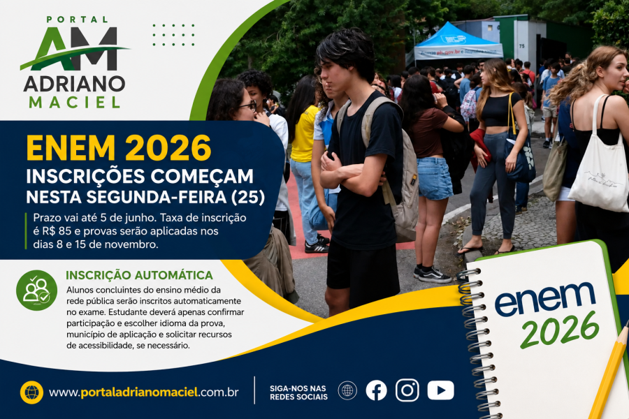 Inscrições para o Enem 2026 começam nesta segunda-feira e seguem até 5 de junho
