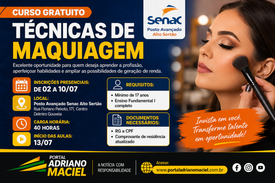 Senac Alto Sertão abre inscrições para curso gratuito de Técnicas de Maquiagem em Delmiro Gouveia