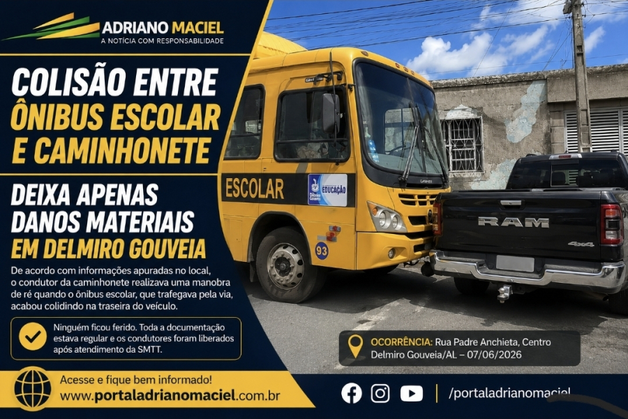 Colisão entre ônibus escolar e caminhonete deixa apenas danos materiais em Delmiro Gouveia