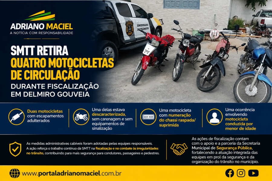 SMTT retira quatro motocicletas de circulação durante fiscalização em Delmiro Gouveia