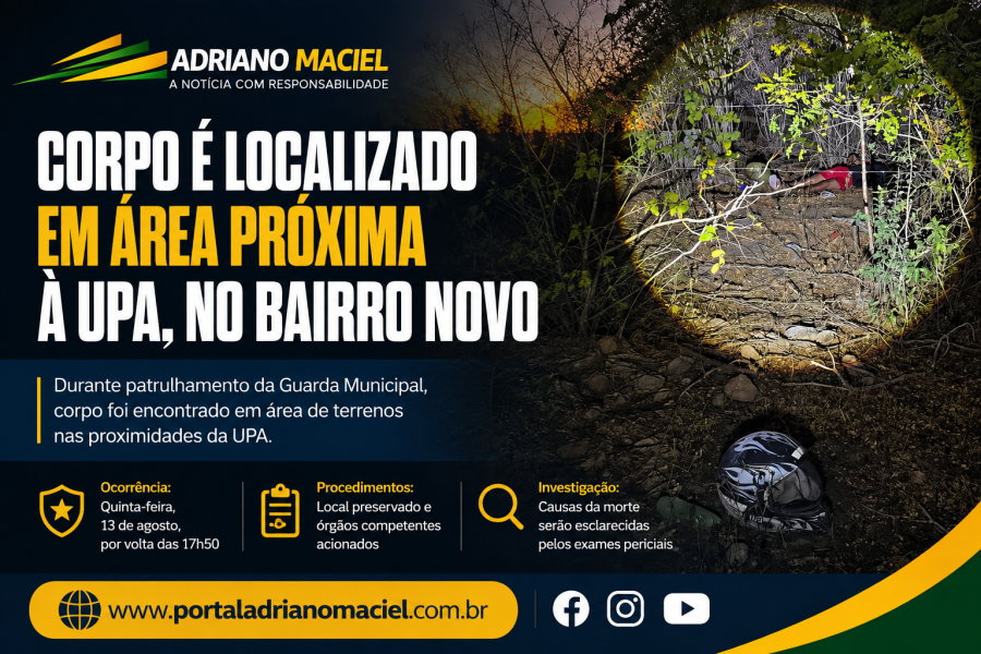 Corpo é localizado em área próxima à UPA, no bairro Novo em Delmiro Gouveia, AL. 